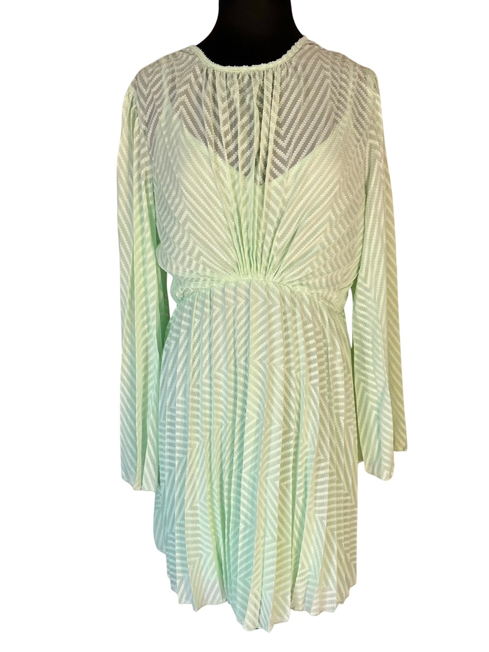 ASOS Mint Green Chevron-Texture Pleated Long Sleeve Mini Dress